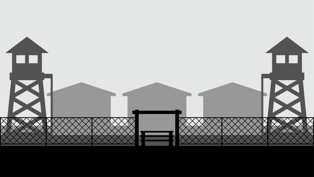 Military base landscape vector illustration. Silhouette of military base gate with watchtower and barracks. Military landscape for background, wallpaper or landing page