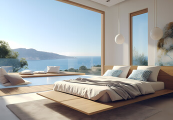 bedroom design with large windows to mountains covered with snow, desert or sea ocean beach. modern interior cozy atmosphere generative ai