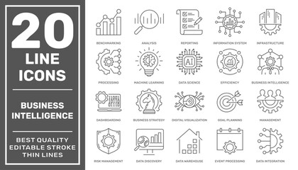 Business Intelligence icons set. Business intelligence tools such as strategy, deep learning, ai, analysis and etc. Editable Stroke - obrazy, fototapety, plakaty