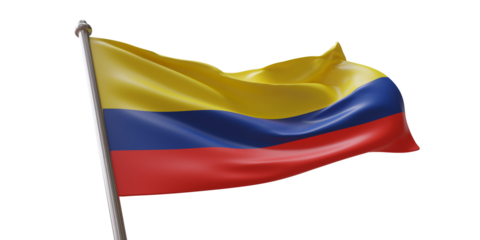 Colombia flag waving isolated on white transparent background, PNG.