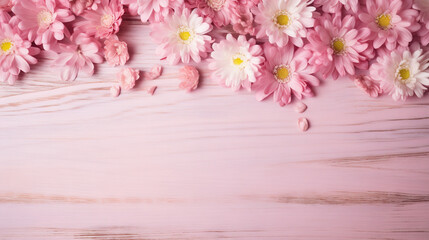 Fototapeta na wymiar pink flowers on a wooden background with a place for text. generative ai