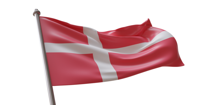 Denmark flag waving isolated on white transparent background, PNG.