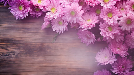 Naklejka na ściany i meble a bunch of pink flowers on a wooden surface with a place for a text. generative ai
