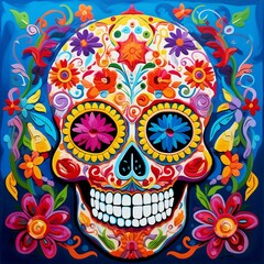 AI generated illustration of a vibrant skull against a backdrop of beautiful blooming flowers