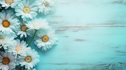  a bunch of white daisies on a blue wooden background.  generative ai