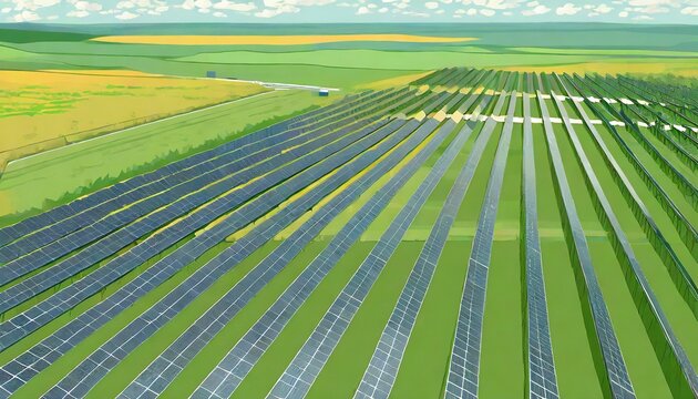 <イラスト>大草原のメガソーラー，太陽光発電