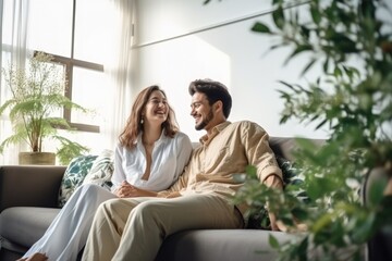 Fototapeta premium Young couple sweet moment together on sofa.
