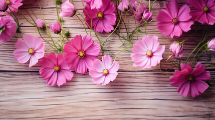  a bunch of pink flowers on a wooden table with a wooden background.  generative ai
