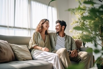 Young couple sweet moment together on sofa.