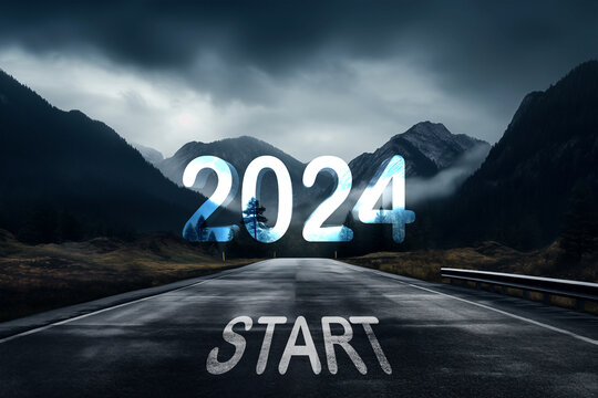 Start new year 2024 or straight forward concept. Road in the middle of start new year business 2024 text with nature dark mountain and sky cloud, planning, goal, challenge 2024 year resolution.