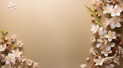 Fototapeta na wymiar Light brown textured background surrounded by orchid and jasmine flowers from top view with space for text, background image, AI generated