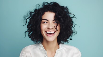 Portrait of a black hair white female with Overjoyed and Thrilled expression against pastel background with space for text, background image, AI generated - obrazy, fototapety, plakaty