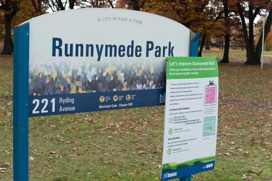 Runnymede Park sign and improvement information located at 221 Ryding Avenue, Toronto, Ontario