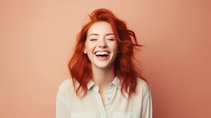 Fotobehang Portrait of a red hair white female with Overjoyed and Thrilled expression against pastel background with space for text, background image, AI generated © Hifzhan Graphics