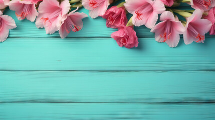  pink tulips on a blue wooden background with space for text.  generative ai