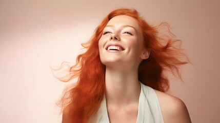 Portrait of a red hair white female with Overjoyed and Thrilled expression against pastel background with space for text, background image, AI generated
