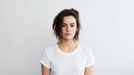 Portrait of a woman with a disappointed expression against white background with space for text, background image, AI generated - obrazy, fototapety, plakaty