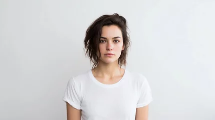 Fotobehang Portrait of a woman with a disappointed expression against white background with space for text, background image, AI generated © Hifzhan Graphics