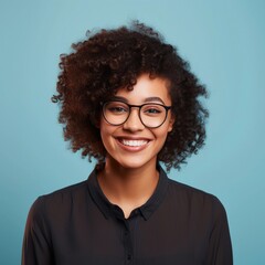 Fototapeta premium Portrait of an afro-american female wearing glasses with Delighted expression against pastel background with space for text, background image, AI generated