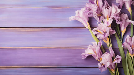 Naklejka na ściany i meble a bunch of purple flowers on a purple wooden surface with a purple background. generative ai