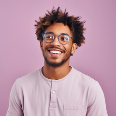 Obraz premium Portrait of an afro-american male wearing glasses with Blissful expression against pastel background with space for text, background image, AI generated