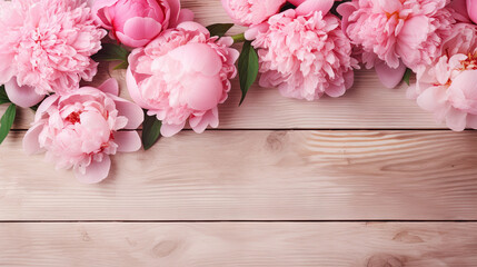  pink peonies on a wooden background with green leaves.  generative ai