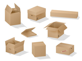 Collection of beautiful shaded realistic brown carton paper boxes on transparent background.