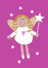 Cute fairy illustration in a quirky cartoon style. Rustic folk art fairy with wand and surrounded by sparkling stars. Contemporary Christmas fairy design ideal Xmas tree topper.