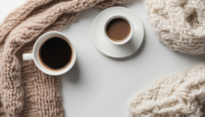 Cozy Coffee Break: Cup and Knitted Sweater on White Table 