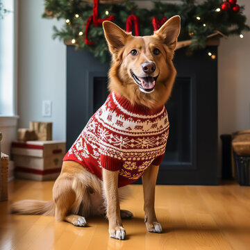 Dog Wearing Ugly Christmas Sweater.  Generated Image.  A digital rendering of a dog wearing an ugly Christmas sweater.