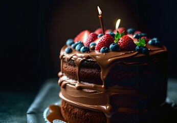 AI generated illustration of a delicious, chocolate cake with candles - obrazy, fototapety, plakaty