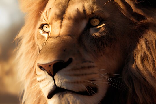 Portrait of a male lion in the sunset light, South Africa. Generative AI.