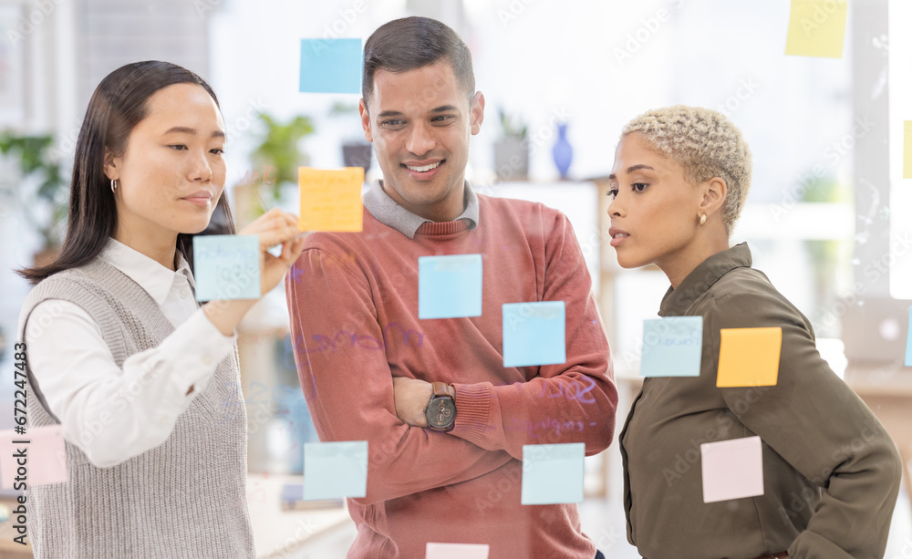 Poster creative business people, schedule and team planning in strategy or brainstorming on glass wall at o