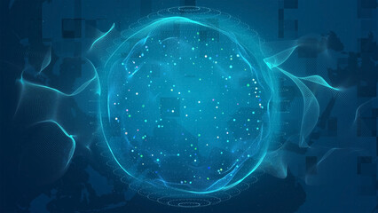 Futuristic high tech digital particle spherical ball wave background