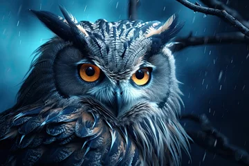 Wandcirkels aluminium AI generated illustration of a barred owl perched on a tree branch at night © Wirestock