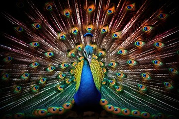 Obraz premium AI generated illustration of a vibrant peacock, proudly displaying its majestic plumage