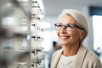 Happy elderly woman chooses spectacle's frames in optics store and looks at the showcase with different eyeglasses. Health care, eyesight and vision concept. Happy woman buying glasses at optics store