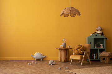 Minimalist composition of warm kid room interior with copy space, yellow wall, round stool, plush toys, green shelf, rattan lamp, bear rug, books and personal accessories. Home decor. Template. - obrazy, fototapety, plakaty
