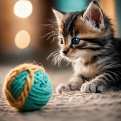 AI generated illustration of a domestic tabby kitten playing with a yarn