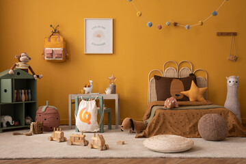 Fototapeta na wymiar Warm and cozy child room interior with mock up poster frame, braided bed, gray desk with chair, wooden block toys, star pillow, plush dog, beige rug and personal accessories. Home decor. Template.