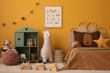 Yellow kids room interior with mock up poster frame, braided bed, green shelf, plush lampa, monkey,...