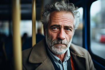 Generative AI portrait illustration of traveler person using public city transport blurred town view