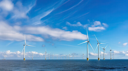 Offshore windmill park with clouds and a blue sky wind