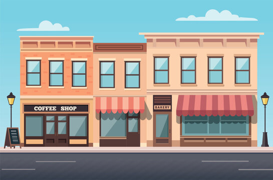 Shops and commercial buildings exterior on city street. Cartoon town. Vector stock