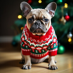 Dog Wearing Ugly Christmas Sweater.  Generated Image.  A digital rendering of a dog wearing an ugly Christmas sweater.