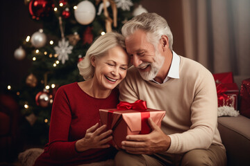 Cute senior family couple celebrating Christmas eve. Man makes a present to his wife. Happy couple holding a Christmas gift. Celebrating Christmas at home, exchanging Christmas presents