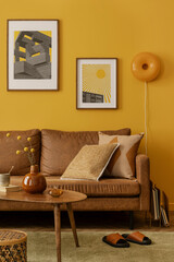 Interior design of yellow living room interior with mock up poster frame, brown sofa, wooden coffee table, slippers, green rug, basket, orange lamp and personal accessories. Home decor. Template.