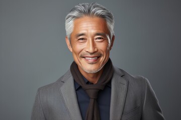 Portrait of handsome Asian man in formal suit looking at camera smiling with toothy smile isolated in grey background. Confident businessman ceo boss freelancer manager