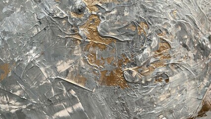Art oil and acrylic smear blot canvas abstract painting with silver and gold line elements....