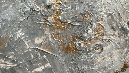 Fototapeta premium Art oil and acrylic smear blot canvas abstract painting with silver and gold line elements. Abstract beige pastel colours stain brushstroke texture background for wallpaper